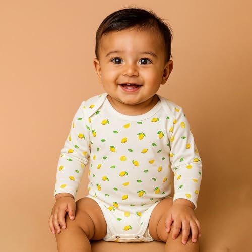 MOM'S HOME Baby's Organic Cotton Soft Full Sleeve Onesie | Multicolour | Pack of 3 (Lemon,Avocado,Bunny, 0-3 Months)