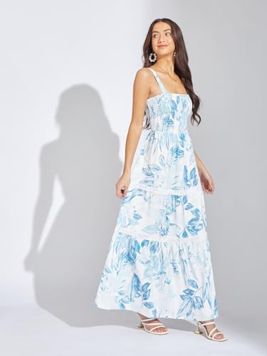 Latin Quarters Women Blue Floral Printed Maxi A-Line Dress | Square Neck | Sleeveless | Zip Closure