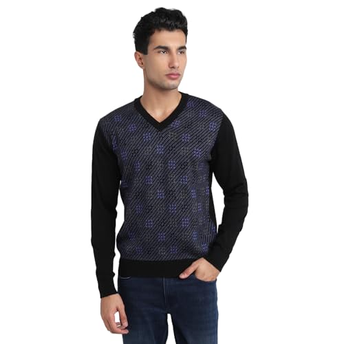 Raymond Men Regular Fit Wrapper Pattern Merino Wool Acrylic Blend Full Sleeve V Neck Casual Sweater Black