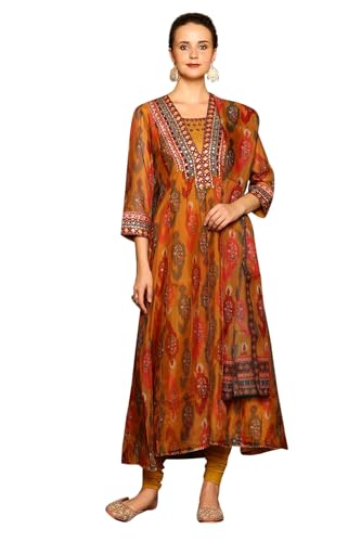 W for Woman Mustard Yellow Ikkat Printed Embellished Organza Anarkali Kurta, Churidar and Dupatta Set (Size: S)-24AUWS11507-124574