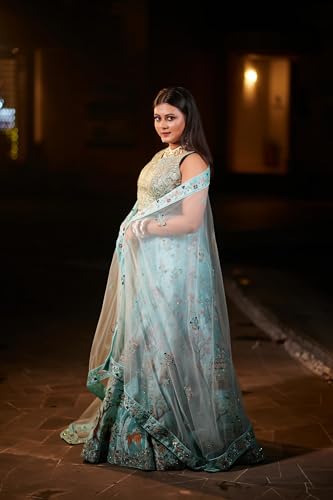 House of Bansal Land of Dreams Lehenga, Mint Blue Embroidered, Handcrafted Storytelling Design with Sheer Dupatta