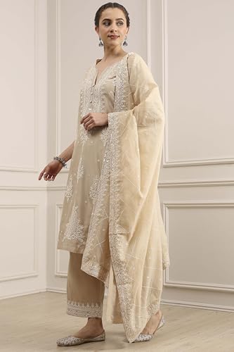 Biba Women Natural White Chanderi Straight Dyed Suit Set_42
