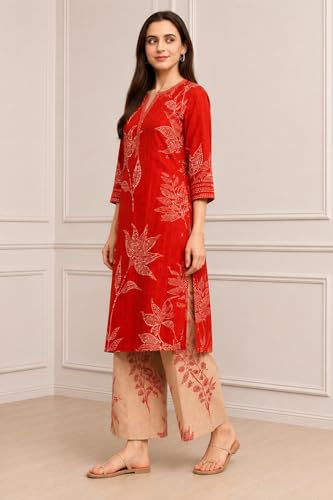 Biba Women Red Viscose Rayon Printed Straight Suit Set_32