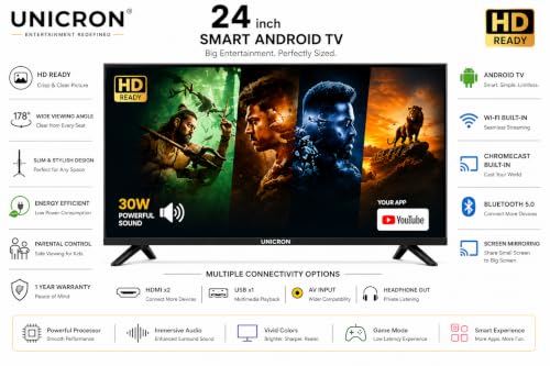 UNICRON 24”INCH Frameless HD Ready Android Smart LED TV | WiFi Enabled | Built-in Apps Compatible (YouTube, Netflix, Prime Video) | Screen-Mirror | HDMI, USB Connectivity Etc