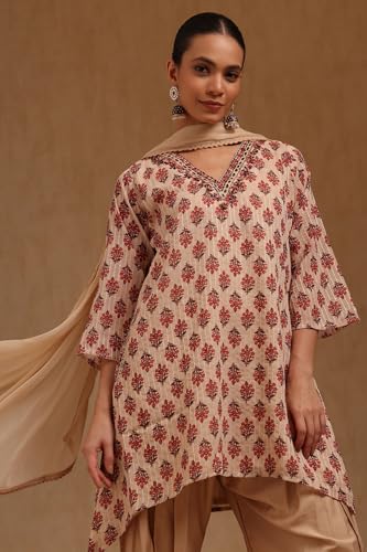 Soch Womens Beige Georgette Floral Print Suit Set With Mirror Work