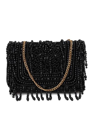 FABBHUE Women's Velvet Black Hand Embroidery Box Clutch Bag