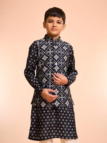 Manyavar Boys Blended Viscose Foil Print Kurta Jacket Pyjama Set (Black,12-14Y)