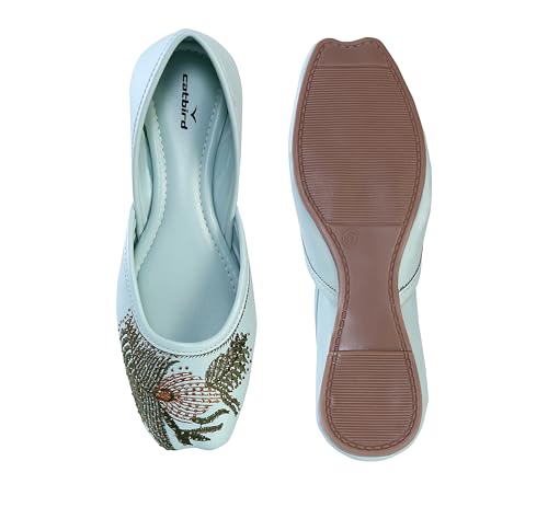 CatBird Women’s Embroidered Ethnic Jutti with Leaf Motif | Soft Cushioned Slip-On Mojari | Lightweight Traditional Flats for Casual 5 UK Mint Green