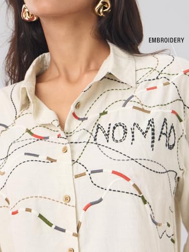 The Souled Store Nomad Line: Stitch Lines Women and Girls Full Sleeves Spread Collar Beige Embroidered Linen Blend Oversized Fit Lightweight Summer-Ready for Casual Streetwear Boyfriend Shirts