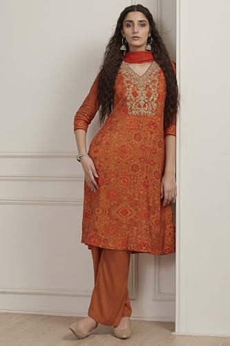 Biba Women Orange Modal Printed Straight Suit Set_32
