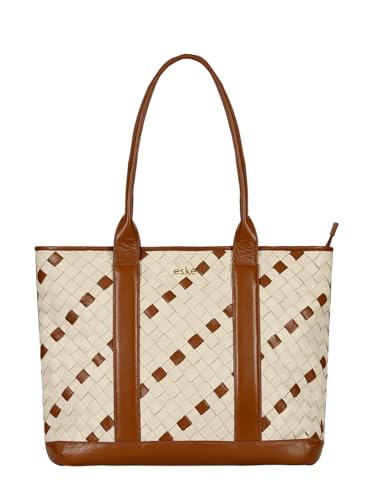 eske Paloma Genuine Leather Braided Tote Bag For Women (Vanilla Cognac)