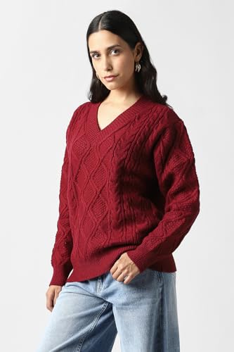 Women Maroon Textured V Neck Sweater