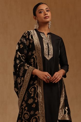 Soch Womens Black Vichitra Zari Woven Suit Set With Cutwork