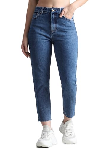 ONLY Women Solid Cotton Straight Fit Mid Rise Blue Jeans