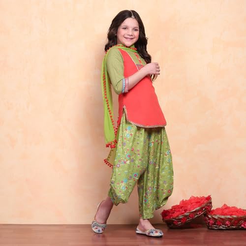 Biba Girls Org-Grn Straight Cotton Solid Kurta suit set