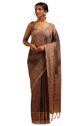 Soch Womens Earth Tussar Ethnic Motifs Saree With Kantha Embroidery