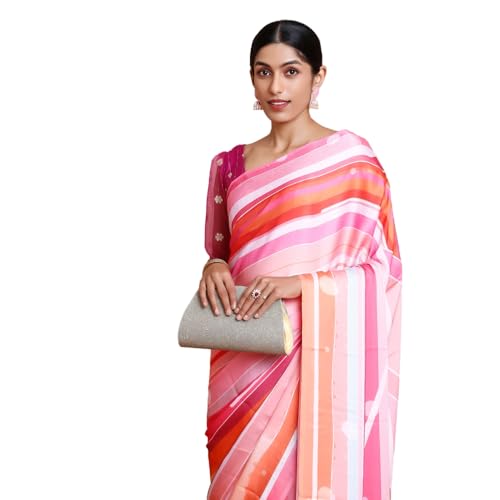 Kalyan Silks Women's Orange Saree With Floral Prints Without Border With Plain Light Pink Blouse