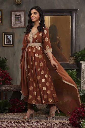 BIBA Women Brown Pure Banarasi Brocade Kalidar Suit Set_38