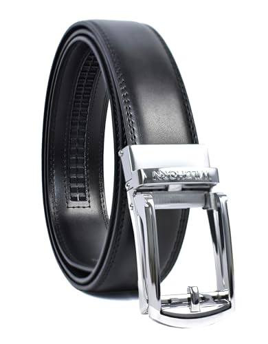 WildHorn Men’s Leather Belt Gift Set | Genuine Leather belt Strap with 2 Interchangeable Buckles | Formal & Casual Wear Adjustable Belt | Automatic lock leather belt for men (Gold & Silver)