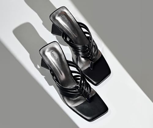 LOUIS STITCH Women’s Fashion Black Slip-On Block Heel Sandals | Weaved T-Strap Stylish Heel Sandal for Ladies, Fashionable and Comfortable Sandal| LDBH-WESTJB | UK-6