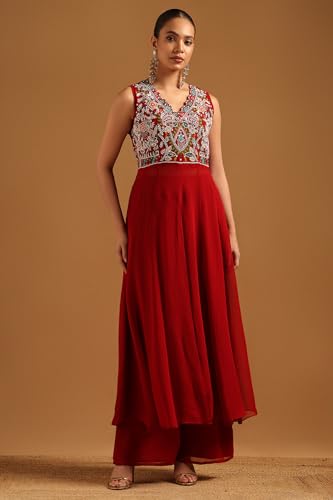 Soch Womens Red Georgette Botanical Salwar Suit With Beads And Stones