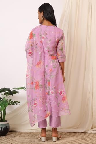 W for Woman Lilac Floral Printed Flared Kurta with Pants and Dupatta Set (Size: L)-WS12551-125728