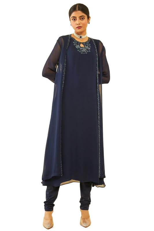 Soch Womens Blue Georgette Beadwork Embellished A-Line Chudidar Suit Set with Shrug(OWA3CD20256A)