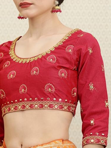 TRENDMALLS Women's Pure Silk Embroidery Work Saree with Unstitch Blouse Piece (K1113-Orange)