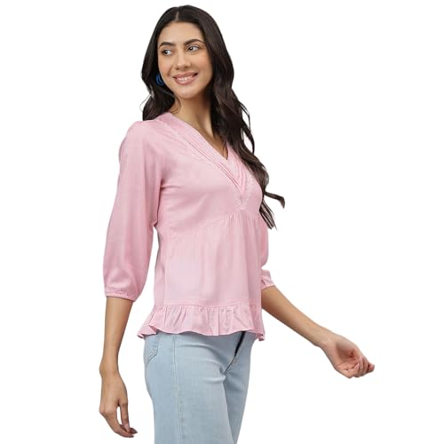 Latin Quarters Women Pink V-Neck Three-Quarter Sleeves Solid for Casual Wear_XXL