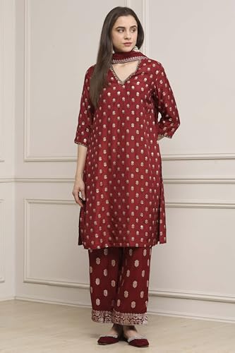 Biba Women Green-Maroon Viscose Gathered Yarndyed Suit Set_38