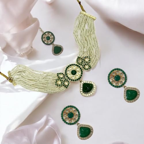 ACCESSHER Pearl & Green Stone & AD Choker Necklace with Maangtikka & Earrings With a Pair of Transparent earrings supporter sticker & Maangtikka Supporter Patch