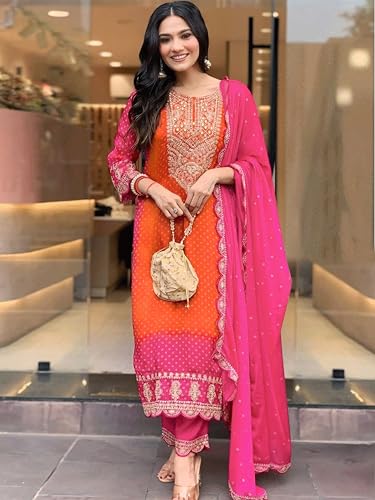 TRENDMALLS Women's Chiffon Embroidery Bandhani Print Salwar Suit Set Kurta Pant with Dupatta (G289-Orange-3XL-)