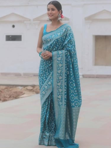 SGF11 Women's Kanjivaram Soft Silk Handloom Saree Golden Zari With Blouse Piece (Blue)