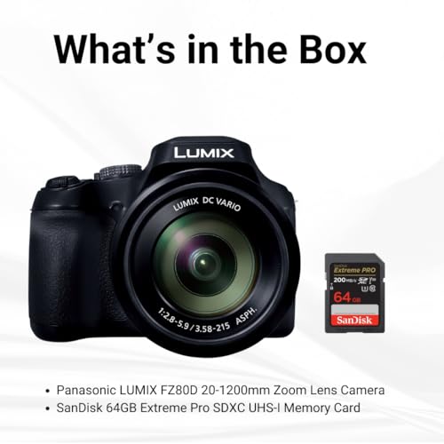 Panasonic LUMIX FZ80D 20 to 1200mm Zoom Lens Point and Shoot Compact Camera (Black) Bundle with 64GB Extreme Pro SDXC UHS-I Memory Card (2 Items)