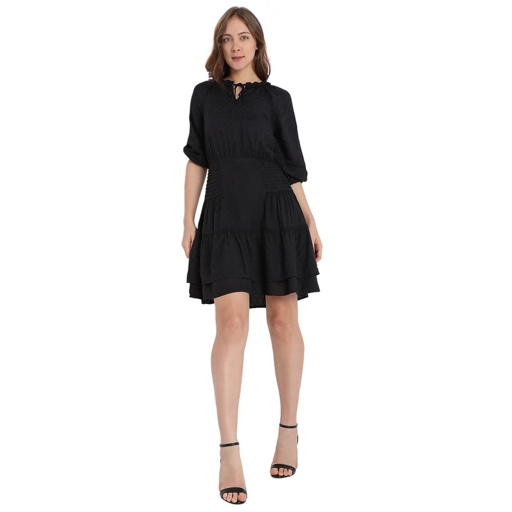 Vero Moda Women's Viscose Fit and Flare Above The Knee Dress (113255001-Jet Black_Jet XL)