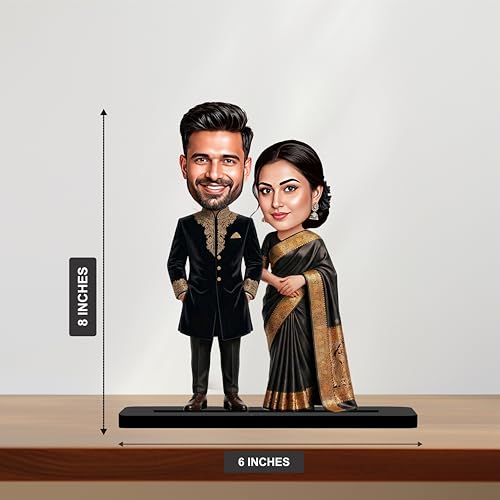 Giftvibes Personalized Couple Caricature Gift, Black Traditional Outfit Wedding Engagement Customized Wooden Caricature Standee Photo Frame for Husband Wife, Friends Unique Wedding Gift for Couples
