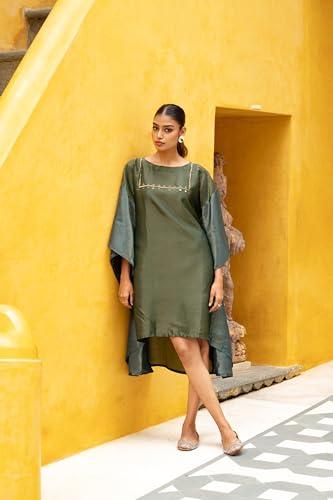 MIORAH Zari Tissue Dress with Viscose Slip for Women & Girls, Oversized Zari Tissue Ethnic Dress for Women’s, Round Neck & Hand Embroidery with Cut Dana (Colour- Olive Green, Size- 3XL)