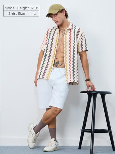 The Souled Store Open Knit: Tropical Stripes Men and Boys Short Sleeves Collared Neck Button Front Orange Striped Polyester Blend Regular Fit Casual Textured Shirts