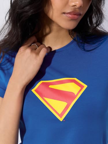 The Souled Store Supergirl: Super Suit Women and Girls Short Sleeves Round Neck Blue Graphic Printed Cotton Slim Fit Stretch Lightweight Everyday T-Shirts