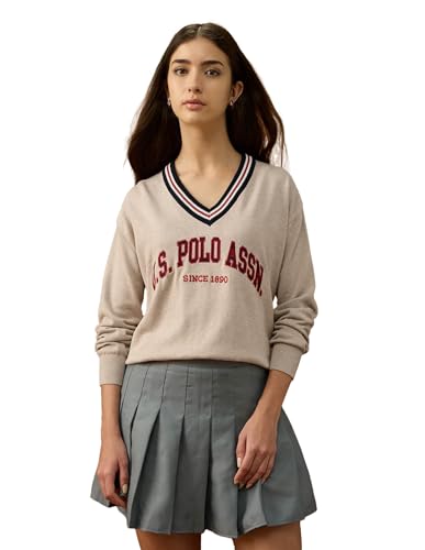 U.S. POLO ASSN. Women Relaxed Fit Brand Printed Sweater (UWAW25SWE197_Beige_M)
