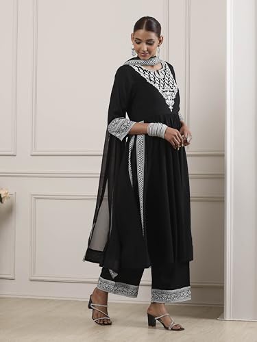 Biba Women Black Viscose Rayon Gathered Suit Set_32