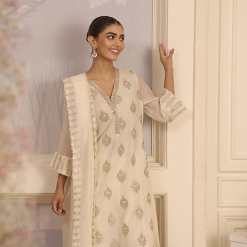 Biba Women's Chanderi Kurta Set (SKDMETWEV30281AW25OWHT_Off White