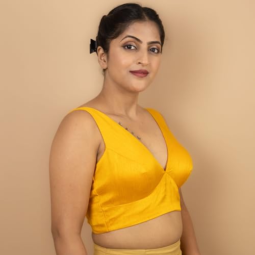 Women's Dupion Raw Silk Sleeveless V Neck Sabyasachi Cut Readymade Saree Blouse Padded Stitched Lining Designer Indian Festive Blouse | S4 (Yellow, 46)