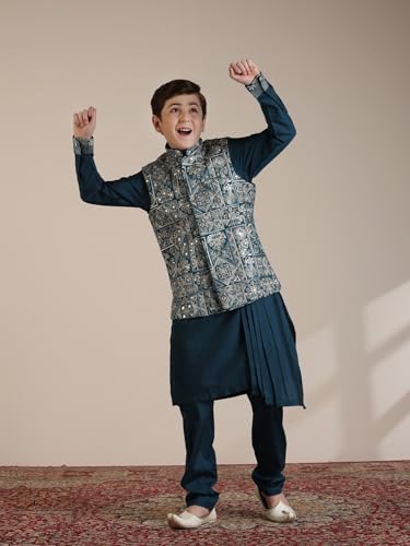 Manyavar Blended Viscose Self Design Kurta Jacket Pyjama Set for Child(6-8 years)