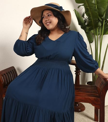 DEEBACO Women's Plus Size Solid Rayon Tiered Maxi Dress|3/4 Sleeve|V-Neck|Casual Trending Stylish Long One Piece Dresses Women Western(DBDRP00002316_4XL_Teal Blue)