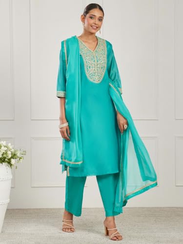 BIBA Dyed Cotton Silk Straight Festive Kurta With Palazzo And Dupatta