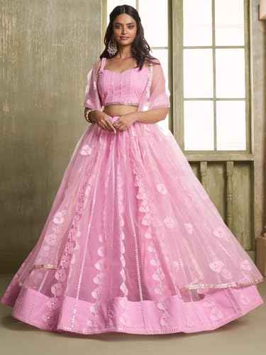 Zeel Clothing Women's Thread Sequins Work Embroidery Soft Net Lehenga Choli with Dupatta (NFH-2208-Pink-Women-Lehenga-Choli-Latest; Free Size)
