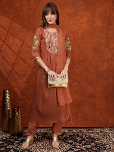 NIVANA Mirror Embroidered Kurta with Pant & Embroidered Dupatta | XL | Rust