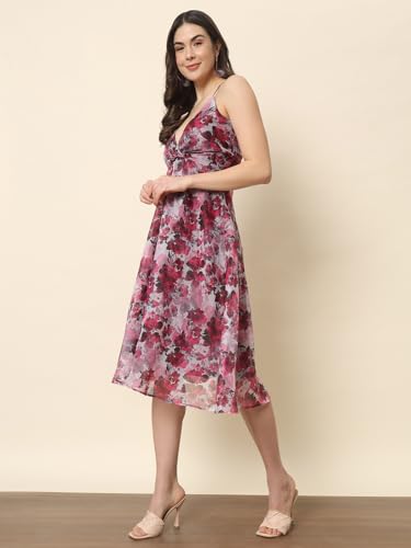 Trend Arrest.ed Women’s Floral Fit & Flare Midi Dress | V-Neck Organza Dress with Lining | Lightweight Spaghetti Strap Style for Brunch, Travel & Day Events (D5365_Multicolour_L)