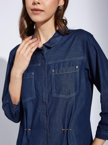 Latin Quarters Women's Blue 3/4Th Sleeves Collared Casual Solid Shirt_XXL